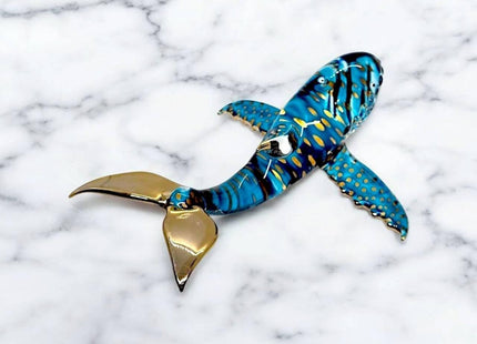 WitnyStore 5¼" Blue Gold Dotted Whale On Stand Artistic Blown Glass Figurine Premium Hand-Blown Statue Tabletop Decoration Unique Collectible for Adult Collectors Handcrafted Elegant Home Room Decor