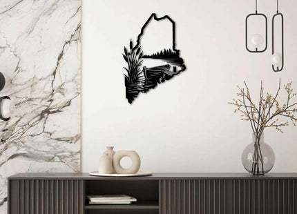 Maine Landscape Lake Boat Metal Wall Art Decor Metal Outdoor Decor Metal Signs Rustic Style Stunning Elegant Wall Decor for Living Room Office Home Decoration Art Piece (Black,12inch)