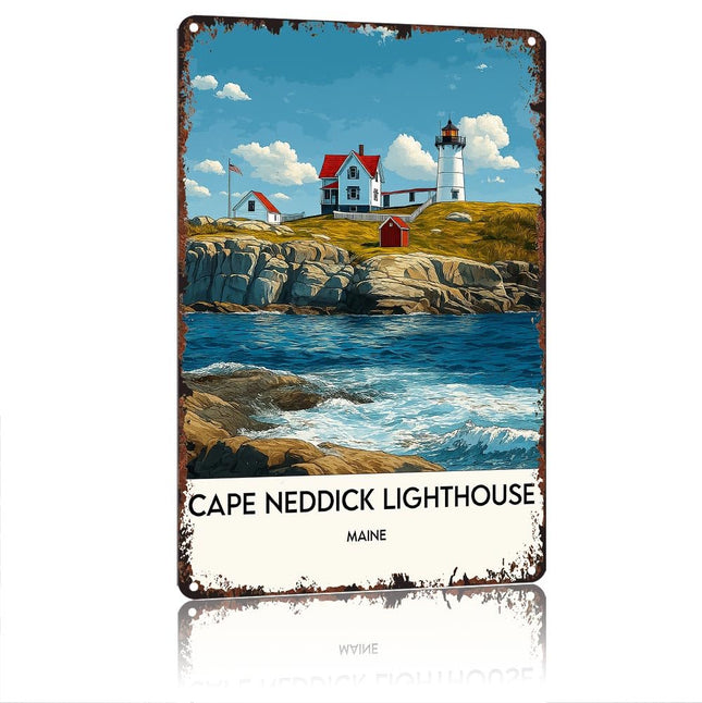 Vintage Cape Neddick Lighthouse Maine Decorative Aluminum Sign, Retro Coastal Landscape Wall Art, 12x8 Inch Rustproof Metal Tin Sign for Home Cafe Bar Garage Indoor Outdoor Decoration