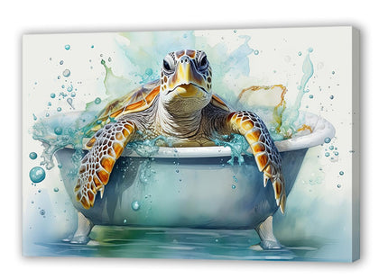 QIXIANG Sea Turtle Bathroom Wall Art Funny Sea Turtle in Bathtub Canvas Painting Art Ocean Animal Watercolor Pictures Framed Ready to Hang (Sea Turtle 2, 12.00" x 18.00")