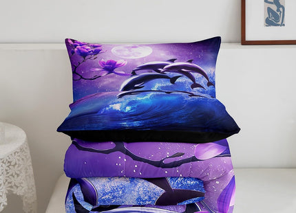 Galaxy Dolphin Bedding Set Twin Coastal Ocean Waves Comforter Set Night Star Moon Cherry Blossoms Comforter For Kids Girls Teens Sea Animal Starry Sky Quilt Duvet Purple Blue Marine Room Decor 2 Pcs