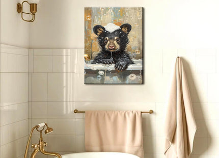 Bear Bathroom Wall Art Set of 2 Funny Animal Pictures Wall Decor Canvas Black Bear Decor Prints Cute Humorous Paintings for Bathroom Restroom Home Decoration 12×16 inch Framed