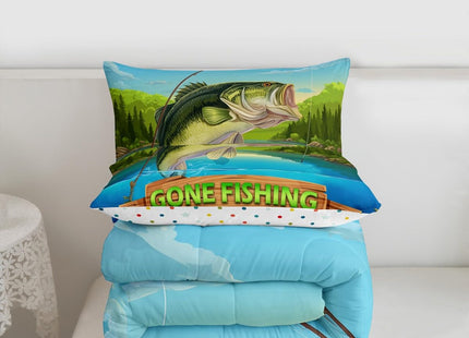 Castle Fairy Teens Lake Fishing Comforter Set Queen Size,Bass Fish Bedding Set for Kids Boys Girls Bedroom Decoration,Fish Rod Bed Duvet Insert,Hunting and Fishing Comforter with 2 Pillowcases