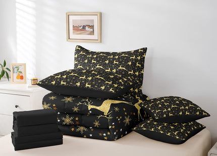 Erosebridal Elk Deer Bed in a Bag 7 Pcs Queen,Golden Deers Comforter Set for Kids Teens,Merry Christmas Fitted Sheet,Xmas Winter Snowflake Sheet Set,Moose Wild Animals Wildlife Bedding Set Room Decor