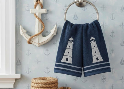 Coastal Guest Navy Fingertip Hand Bathroom Towels, White Lighthouse, 12x18"