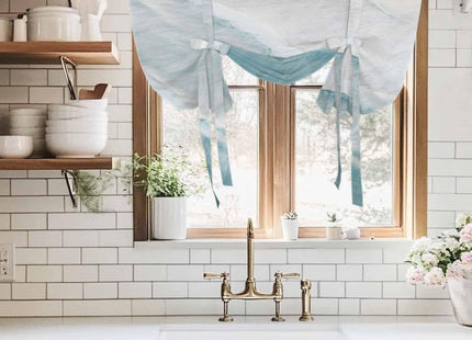 Litter Star Tie Up Curtain for Windows, Summer Beach Blue Ocean Balloon Rod Pocket Curtains Adjustable Tie-up Shade Valance for Kitchen, Coastal Waves Water Ripples Window Treatment 1 Panel 42x45in