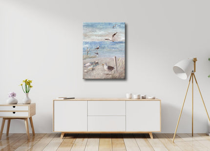 Pyradecor Large Abstract Seaside Seagull Seascape Painting Perching Bird by The Seashore Coastal Beach Canvas Wall Art for Bathroom Living Room Office Decor 20x28inch