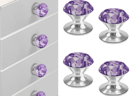 CcHhyyt 4 Pcs Crystal Adhesive Knobs Stick On Cabinet Handle Purple K9 Crystal Pulls Peel and Stick Dresser Pulls for Mirror Cabinet Drill Free Knobs for Glass Sliding Doors Fish Tank Lid Terrarium