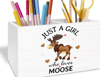 METNBASYY Moose Gifts Pen Holder for Desk, Deer Lover Gifts Pencil Organizer, Just a Girl Who Loves Moose Wooden Box Sign Desk Decor for Home Office Decoration
