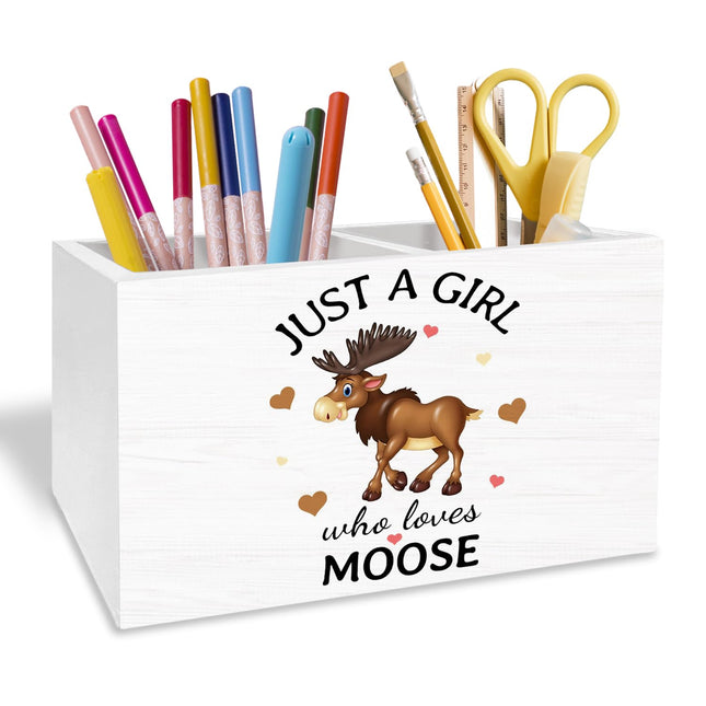 METNBASYY Moose Gifts Pen Holder for Desk, Deer Lover Gifts Pencil Organizer, Just a Girl Who Loves Moose Wooden Box Sign Desk Decor for Home Office Decoration