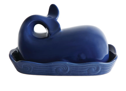 Creative Co-Op Stoneware Whale Butter Dish with Embossed Wave Detail, Navy Finish