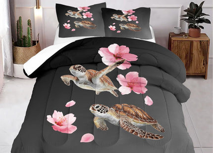 CCoutueChen Gray Comforter Set Full Size Ocean Sea Turtle Bedding Set Ombre Grey Pink Cherry Blsosom Bedding for All Season Ultra Soft Lightweight Comforter with 2 Pillowcases