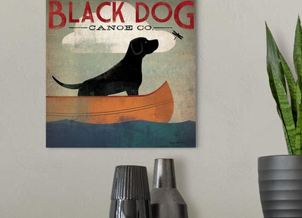 CANVAS ON DEMAND Black Dog Canoe Canvas Wall Art Print, Home Decor, Wildlife Artwork, 16" x16in