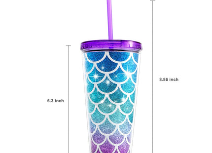 Home Tune 22oz Cute Glitter Tumbler Cups with Lid and Straw, Mermaid