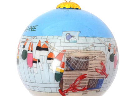 Hand Painted Maine Lobster Traps Ornament – Blown Glass Christmas Tree Decor with Buoys on Fence & Lobstering Artwork, Great for Gifting