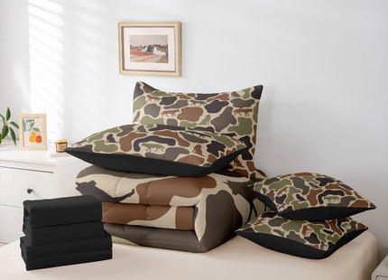 Erosebridal Camo Wolf Bed in A Bag 7 Pcs Camouflage Wild Animals Comforter Set for Kids Boys Girls Green Military Nature Wildlife Bedding Sets Full Army Woodland Hunting Sheet Set with Comforter