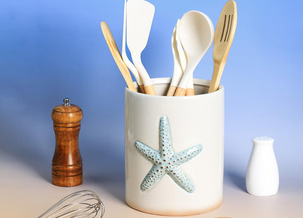 Bicuzat Ceramic Starfish Embossed Utensil Holder, Large Cooking Utensil Crocks for Countertop, Ocean Style Utensil Organizer for Spatula