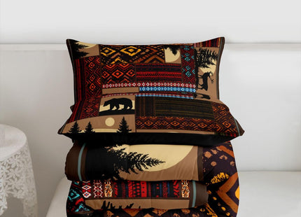 Deer Moose Bear Comforter Set Twin,Boho Aztec Comforter Western Rustic Farmhouse Woodland Bedding Sets,Pine Tree Country Lodge Cabin Quilt Set for Boys Teens Men,Teal Red Brown Stripes Decor 2 Pcs