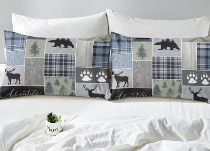 Rustic Patchwork Fitted Sheet, Checkered Buffalo Plaid Bedding Set for Kids Teens Adult, Woodland Wildlife Bear Moose Elk Pine Trees Pattern Printed Bed Sheets Farmhouse Decorations, Twin Size