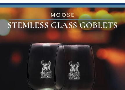 Heritage Pewter Moose Stemless Glass Goblets – Set of 2 | 15 OZ Goblet Wine Glasses | Expertly Crafted Pewter Glass