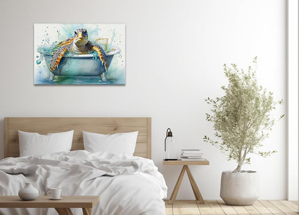 QIXIANG Sea Turtle Bathroom Wall Art Funny Sea Turtle in Bathtub Canvas Painting Art Ocean Animal Watercolor Pictures Framed Ready to Hang (Sea Turtle 2, 12.00" x 18.00")