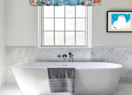 RisQiten Blue Coastal Seahorse Valances for Windows, Summer Beach Kitchen Curtains Window Treatment, Nautical Starfish Botanical Rod Pocket Short Window Valances for Living Room/Bedroom, 42" x 12"