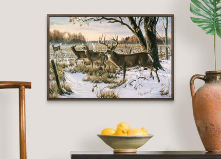 CANVAS ON DEMAND Cautious Crossing - Whitetails Walnut Float Framed Canvas Wall Art Print Contemporary, Home Decor, Deer, Natural Artwork, 24" x16in