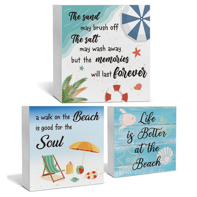 3 Pcs Summer Beach Decor for Home Coastal Wood Box Signs Decoration