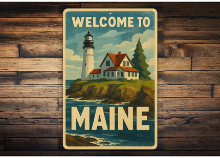 Aluminum Destination Signs Welcome To Maine Lighthouse Sign Novelty Metal Signage for Sightseeing Wall Art Decor With Pre Drilled Holes - 10" x 14"