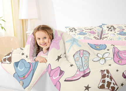 Erosebridal Cute Coastal Cowgirl Full Comforter Set,Pink Cowgirl Boots Hats Bedding Sets for Girls Kids,Blue Seashell Starfish Quilt Bed Set,Ocean Beach Room Decor with 2 Pillowcases