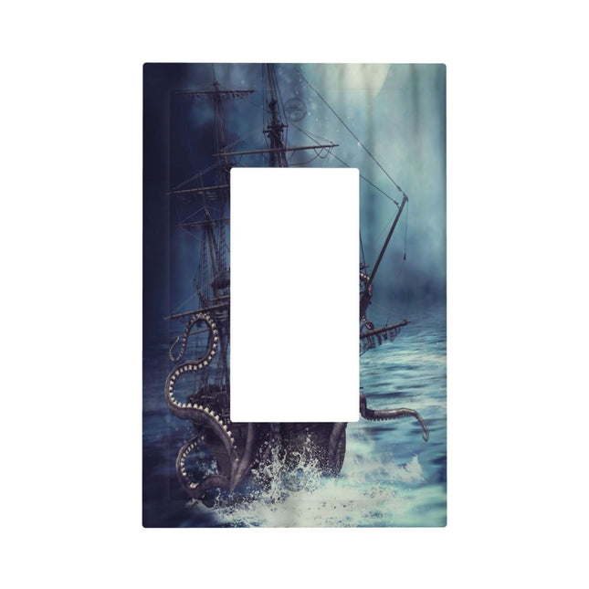 Octopus Ocean Kraken Nautical Pirate Ship 1 Gang Rocker Light Switch Covers Decorative Unique Single Decora Outlet Wall Plate Faceplate Switchplate GFCI for Kitchen Bedroom Bathroom Decor