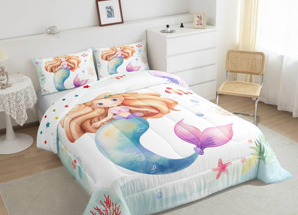 Erosebridal Kawaii Mermaid Comforter Set Full for Girls Cute Mermaid Tail Bedding Set Coastal Theme Bedding Comforters & Sets Pink Jellyfish Duvet Sets Multicolor Starfish Bubble Quilt Sets Cozy Soft
