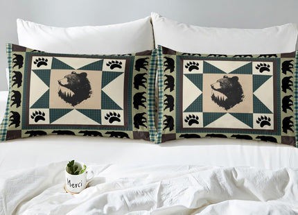 Erosebridal Black Bear Sheet Set Western Bed Sheets Queen Patchwork Geometric Triangle Lattice Fitted Sheet Woodland Wildlife Bear Paw Print Top Sheet,Green Checkered Buffalo Plaid Decor