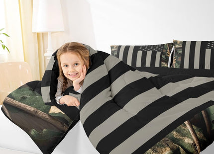 Camo American Flag Comforter Set Twin Woodland Military Hunting Bedding Set Army Green Tree Branch Camouflage Comforter for Boys Teens Adults Men,Grey Black USA Striped Flag Bedding Quilted 2 Pcs
