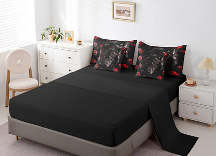 Erosebridal Black Wolf Bed in a Bag Queen Comforter Set 7 Piece,Red Rose Bedding Sets Romantic Flowers Bed Sheets,Wild Woodland Animals Sheet Set with Comforter