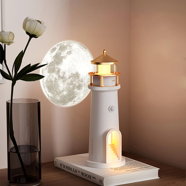 IFTHFOUR Moon Lighthouse Projector Night Light with Motion Sensor - Rechargeable LED Galaxy Table Lamp, Moon Lamp for Kids, Bedroom, Nursery Decor - Perfect Christmas, Birthday Gift for Boys & Girls
