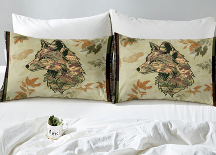 Wolf Bedding Set Twin For Boys Woodland Camo Hunting Duvet Cover Army Green Tree Branches Camouflage Wild Animal Comforter Cover For Adults Men,Botanical Leaves Rustic Bed Set With 1 Pillow Case