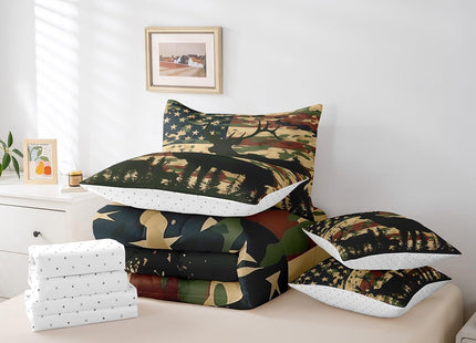 Erosebridal American Flag Camo Deer Full Comforter Set 7 Piece,Rustic Cabin Deer Bed in a Bag Farmhouse Animal Decor for Home,Western Bedding Sets with Fitted Sheet,Flat Sheet,Pillowcases & Shams