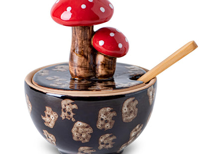 Black Ceramic Mushroom Salt Cellar Jar with Lid and Spoon Salt Box Holder