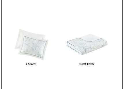Harbor House 100% Cotton Duvet Cover, Embroidered Coastal Seashells, Starfish Duvet Cover Set – Light Weight Bed Comforter Covers, Maya Bay White Blue Full/Queen (90"x90") 3 Piece