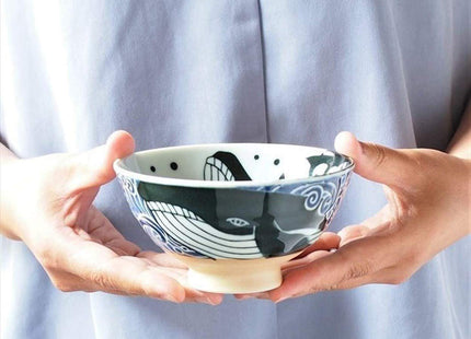 Minoru Touki White Wave Whale Blue Ceramic Rice Bowl Small φ4.72×H2.4in 5.64oz Made in Japan