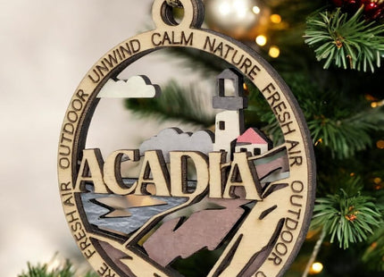 Acadia National Park Lighthouse - 3" Round Wood Christmas Ornament, Handmade in USA, 2-Layer Laser Cut with Color Artwork