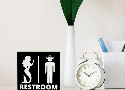 Nautical Bathroom Decor Pirate Mermaid Bathroom Decor Restroom Sign Summer Decorations Wooden Box Sign for Home Office Farmhouse Table Shelf