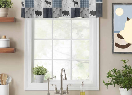 Homechoid Retro Countryside Bear Moose Woods Curtain Valance for Windows/Living Room/Kitchen/Bathroom/Farmhouse, Grey Blue Buffalo Plaid Short Rod Pocket Tier Curtain Window Treatment, 1 Panel 42x18