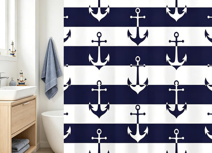 DLRIUAZEP Nautical Anchor Shower Curtain, Navy Blue and White Striped, Bathroom Decor Waterproof Fabric Shower Curtains Sets with 12 Hooks 72x72 Inch