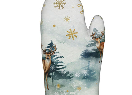 Winter Green Forest and Deer Oven Mitts and Pot Holders Sets Heat Resistant Non Slip Gold Snowflake Xmas Kitchen Gloves Hot Pads Potholders 2 Pack Set Holiday Decor for Chef Cooking Bakers Kitchen