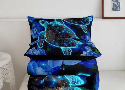 Glowing Teal Sea Turtle Down Comforter Blue Flowers Ocean Bedding Set Twin for Kids Child,Marine Life Reptile Comforter Set Coastal Creature Bed Quilt Botanical Floral Leaves Bedroom Decor