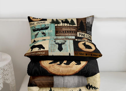 Hunting Woodland Animal Comforter Set Twin Rustic Fox Bear Deer Moose Bedding Set,Lake House Fishing Comforter For Farmhouse Cabin Lodge,Countryside Wildlife Quilt Duvet Brown Teal 1 Pillow Case