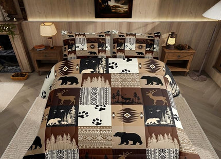 Feelyou Bear Comforter Set for Boys Deer Comforter Rustic Bear Bedding Set Toddler Size Deer Hunting Southwestern Plaid Grid Brown Duvet Set 2Pcs