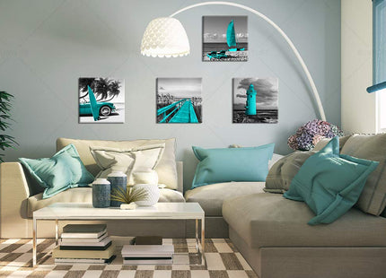 DJSYLIFE Teal Beach Wall Art Decor, B&W Ocean Lighthouse Print 12×12 Inch